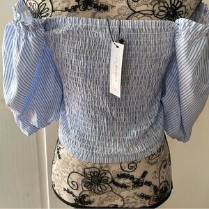 Steve Madden Blue and White Smocked Puff Sleeve Blouse